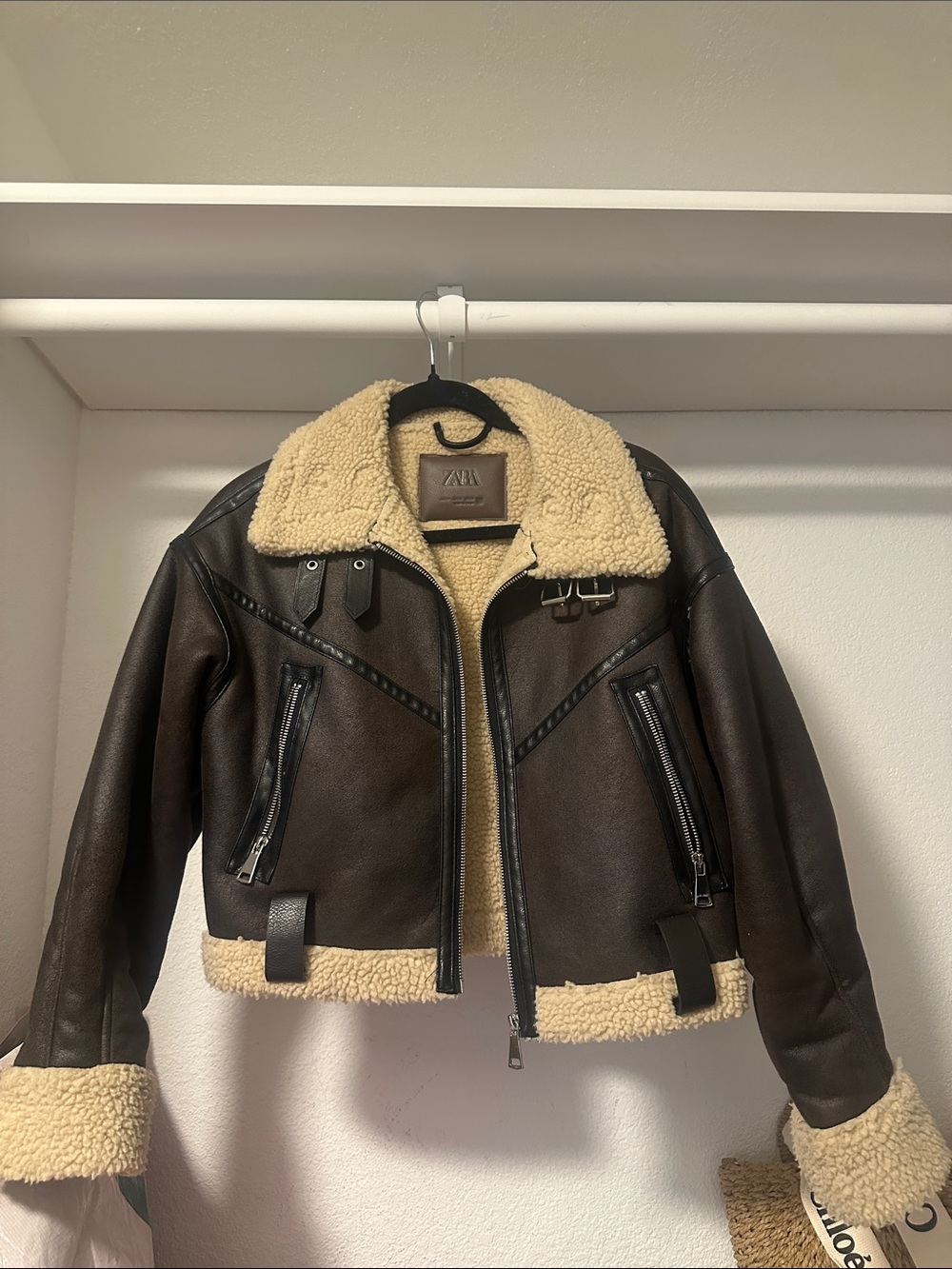 Zara Brown Jacket with Cream Shearling Trim